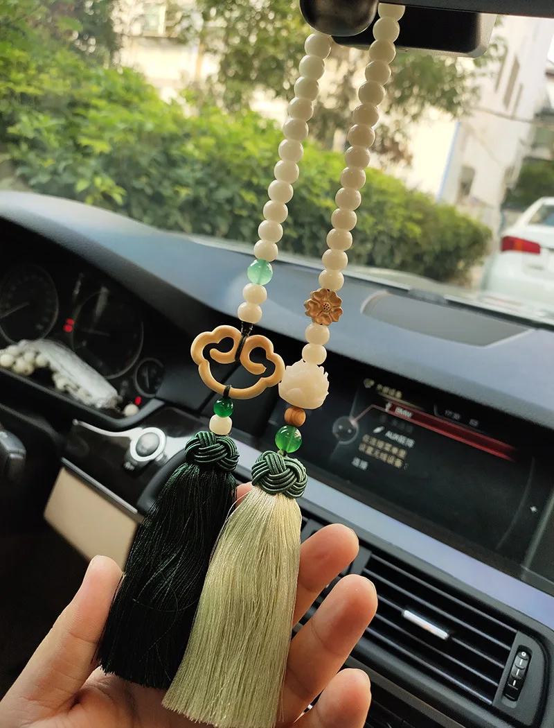 Handmade Retro Crystal Car Pendant Interior Accessories for Girls Bodhi Root Wishful Mirror Rear View Ornaments