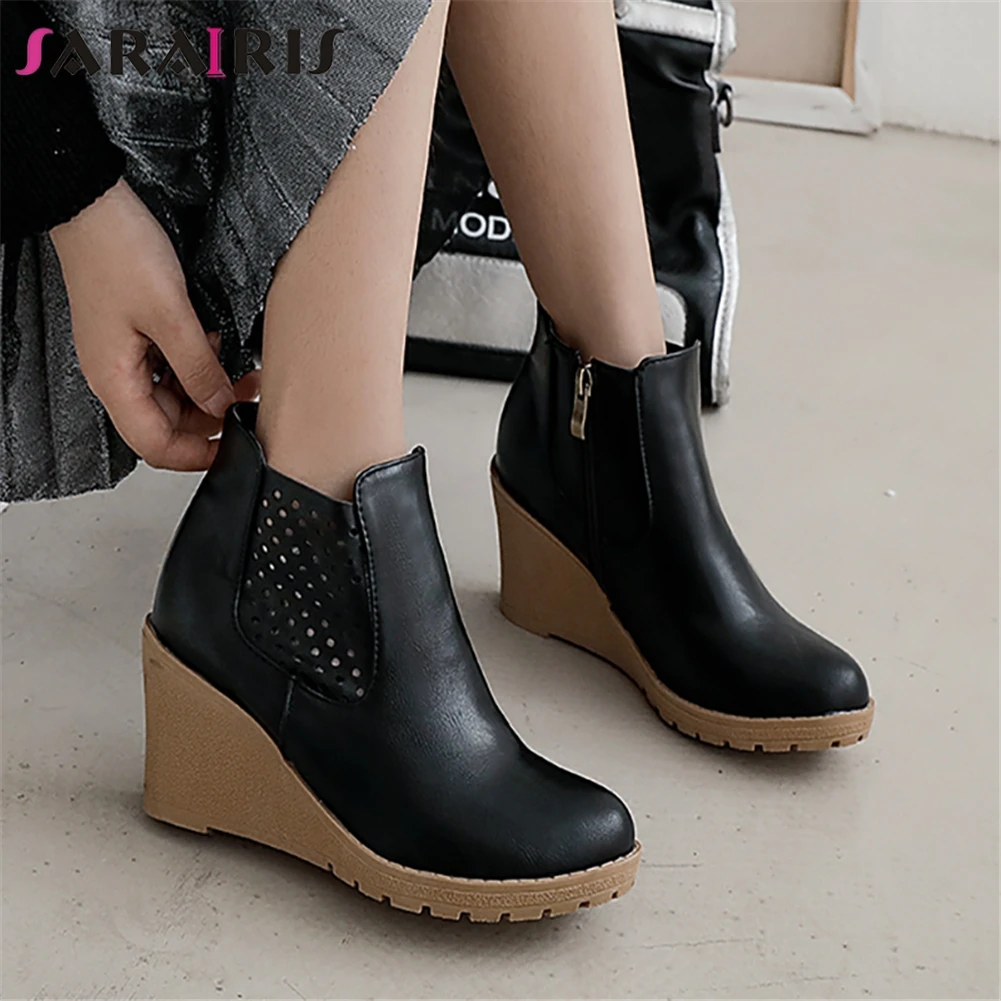 

SARAIRIS New Big Size 33-43 Elegant Wedges Booties Ladies Black Ol Ankle Boots Women 2019 Comfort High Heels Shoes Woman