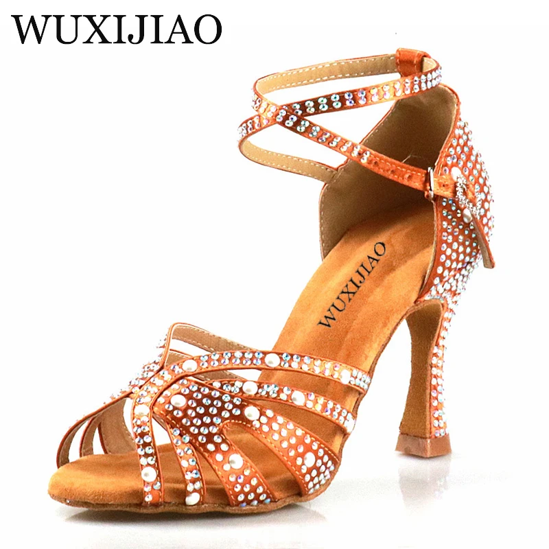 WUXIJIAO Women Latin Dance Shoes Rhinestones Soft Bottom Salsa Shoes For Dancing Ladies Sandals Women's Wedding Hight Heels 7.5C 3