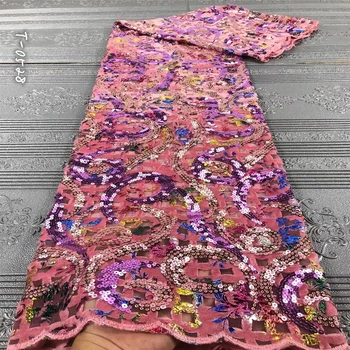 

Velvet Net Lace Fabric Pink Sequins French African Nigerian Latest Design High Quality Tulle 2020 For Wedding Dress