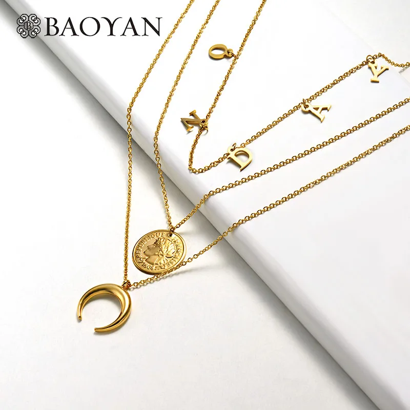 Baoyan многослойное золотое ожерелье с цепочкой, рог, луна, сердце, ожерелье с кулонами в виде монет, женское Трендовое ожерелье из нержавеющей стали