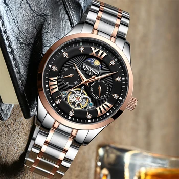 

KINYUED Automatic Skeleton Watch Men Luxury Tourbillon Mechanical Watches Clock Male Mechanism Moon Phase montre homme New 2020