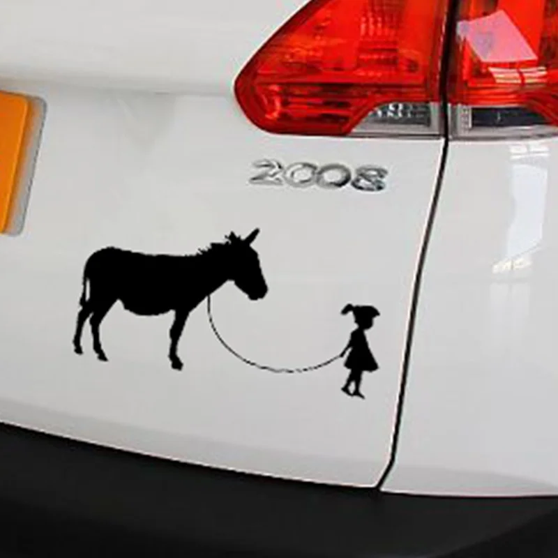 

For 18cm x 8cm Girl Walking A Donkey Vinyl Decal Novelty Sticker Car Window Wall Bumper Funny Pet Mule
