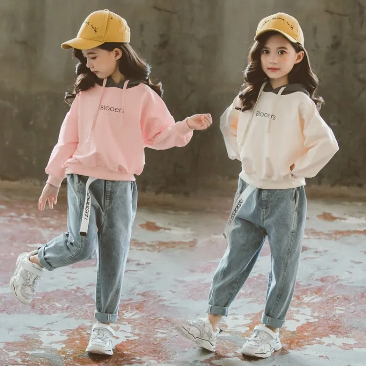 

Girl'S Suit 2019 New Style Children Korean-style Gray Cap Hoodie + Jeans Set [Belt Included]