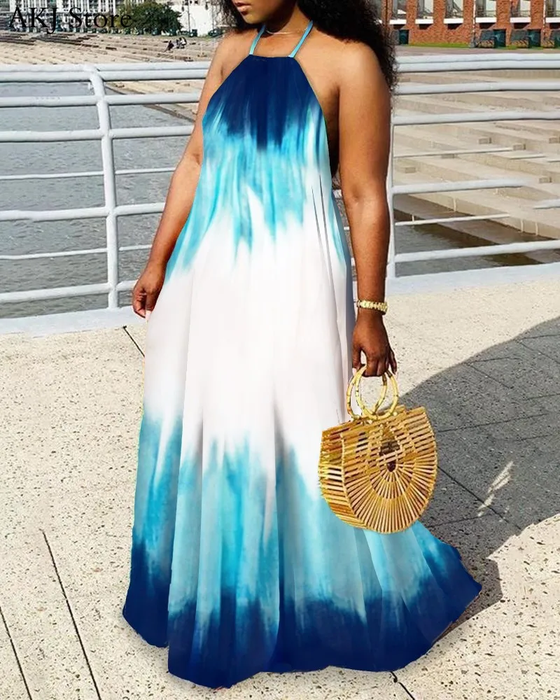 Women Tie Dye Print Halter Sleeveless Maxi Dress | Женская одежда