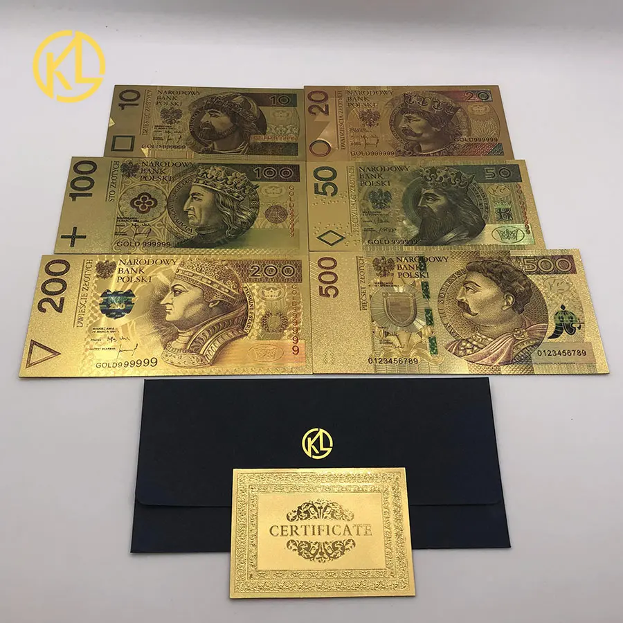Цветной 24K золотой фольги деньги Золото фольга польский банкнот Set10 20 50 100 200 500 PLN