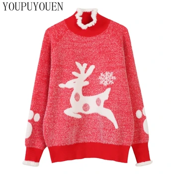

Half Turtleneck Snowflake Fawn Sweater Long Sleeve Thick Knit Top Winter Women Fashion Knitwear Pullover Fuzzy Jumper Autumn