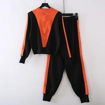

Women Spring Long Sleeve Knitted Tracksuit Sets Lady Casual Stripe Matching Two Piece Set Female Elastic Waist Long Pants Sets