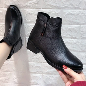 

100% Real leather snown boot Ankle Boots old made thick heels short Boots Winter women Shoes botas mujer size 34-41