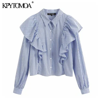 

KPYTOMOA Women 2020 Vintage Fashion Striped Ruffled Blouses Lapel Collar Long Sleeve Office Wear Female Shirts Blusas Chic Tops