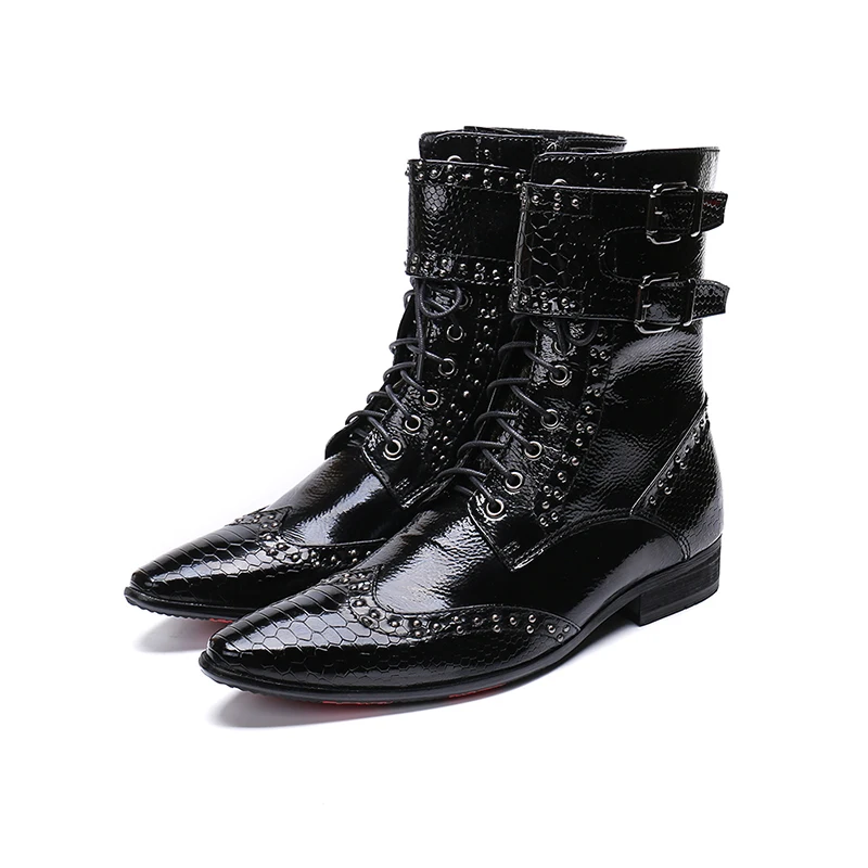 Genuine Leather 2 buckles zip lace-up ankle boots fashion Rivet dress shoes pointed toe Martin big size 46 |