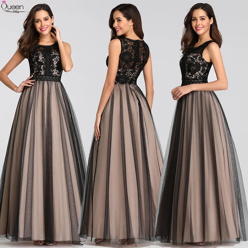 

Elegant Evening Dresses Long Queen Abby A-line O-Neck Tulle Sleeveless Lace Wedding Guest Gowns Sexy Party Gowns Plus Size