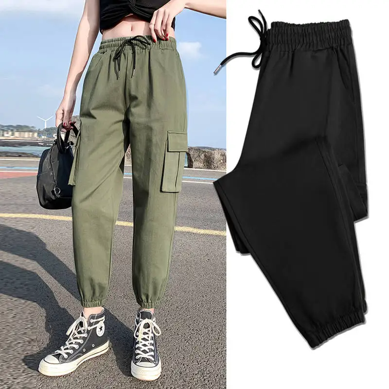 Хлопковые брюки-карго размера плюс, женские эластичные Pantalon с высокой талией, женские серые свободные брюки с карманами, женские уличные брюки
