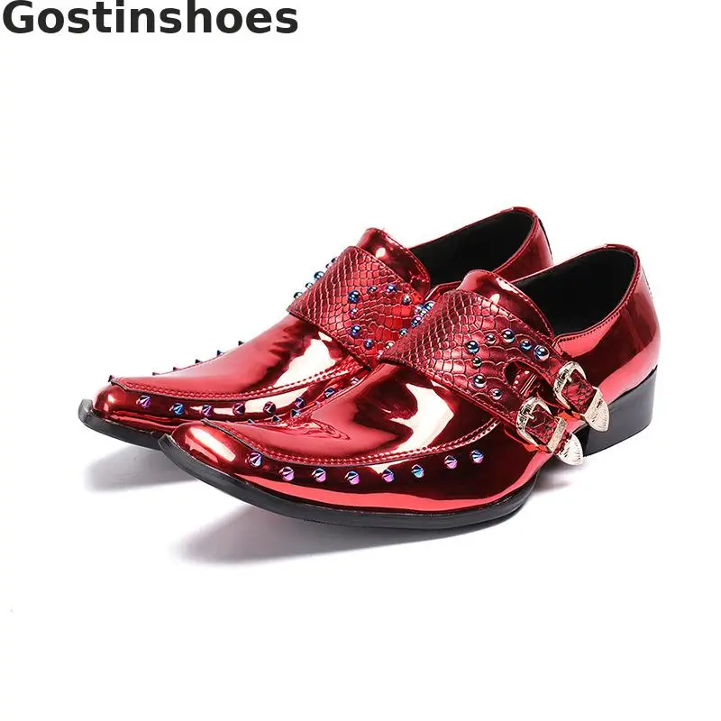 

Buckle Straped Red Genuine Leather Shining Shoes Sqaure Plain Toe Buckle Straps Men Derby Shoes Dress Formal Party Wedding Shoes