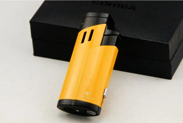Yellow COHIBA металлическая сигаретная зажигалка, 3 фонарь, зажигалка для струи пламени, карманный Бутан, газовая зажигалка для табака, ветрозащитная, с сигарой, дырокол, инструмент для курения - Цвет: Yellow