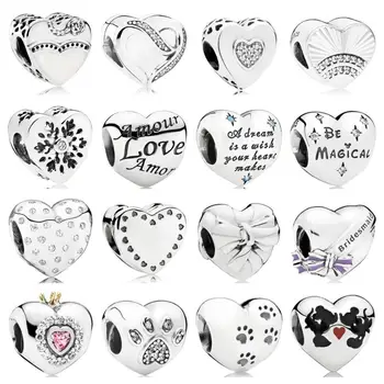 

PDB ZZ 12 Pure Silver 925 Beads with 1:1 Heart-shaped Paw Print Pink Princess Ribbon Brilliant Butterfly Knot for Pan Bracelet