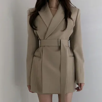 

Korea 2020 Spring New Casual long suit Fashion Women Loose Temperament Solid Color Dark Buckle Long Blazer with belt Y049