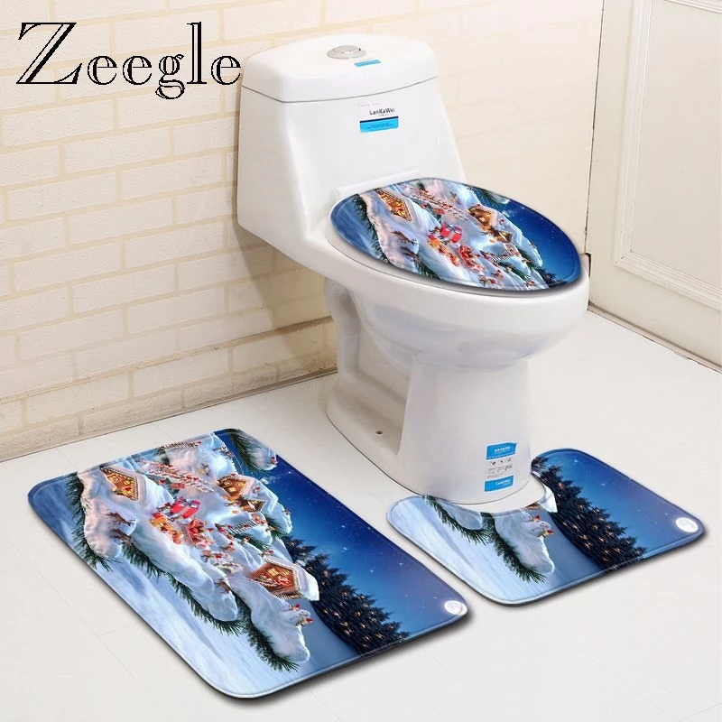 Zeegle Christmas 3Pcs Bathroom Mat Set Printed Cartoon Soft Bath Mat Anti-slip Water Absorption Toilet Rug Home Decoration Rug
