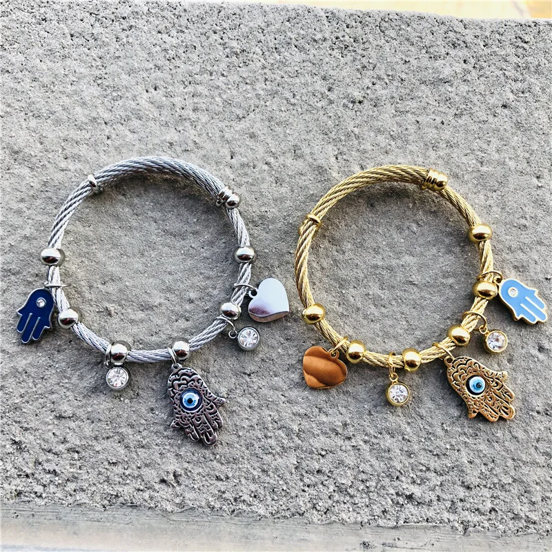 Turkish Lucky Fatima Hand Evil Eye Heart Adjustable Bracelets For Women High Quality Stainless Steel Jewelry 6