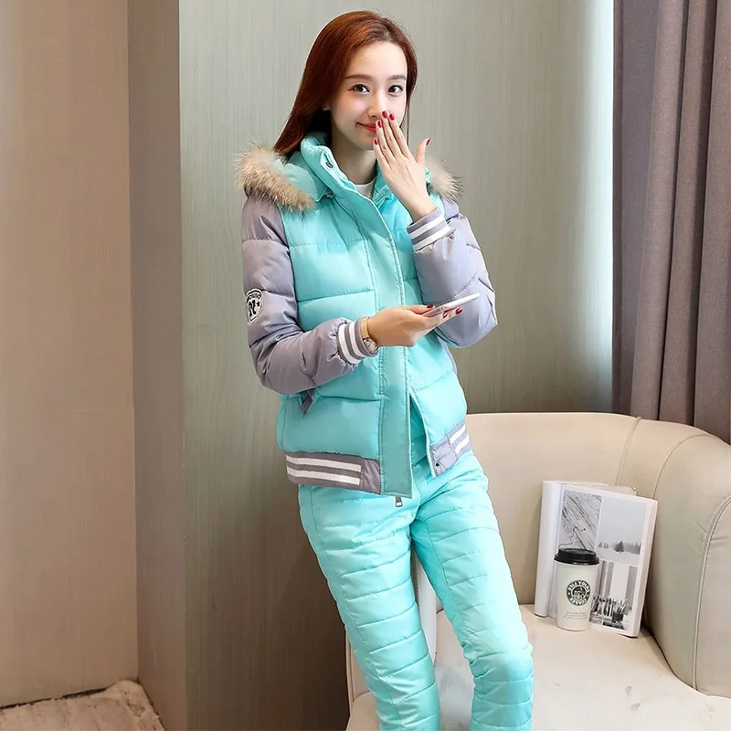 YG-8823Blue Новые зимние теплые комплекты из 2 предметов Женская куртка костюмы женская меховая куртка с капюшоном на молнии хлопковое Стеганое пальто парка и длинные штаны верхняя одежда - Цвет: YG-8823Blue