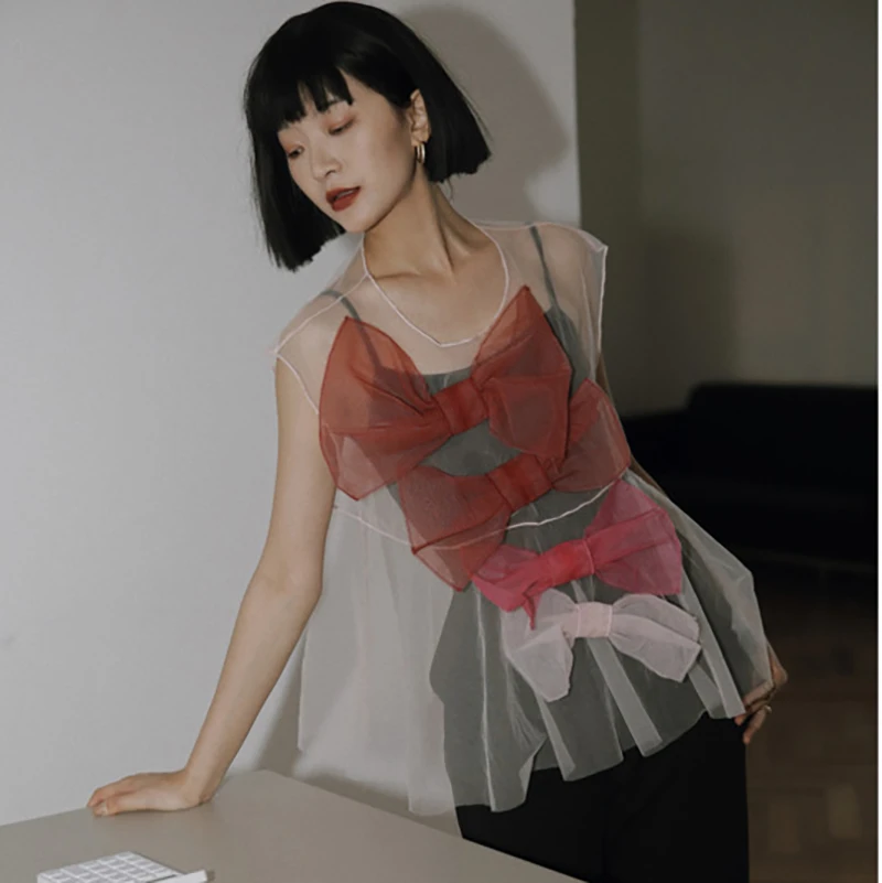 LANMREM 2020 Spring Summer New Arrivals O-neck Sleeveless Contrast Color Bow Mesh Gown Women Casual Loose Blouse AY11600S | Женская