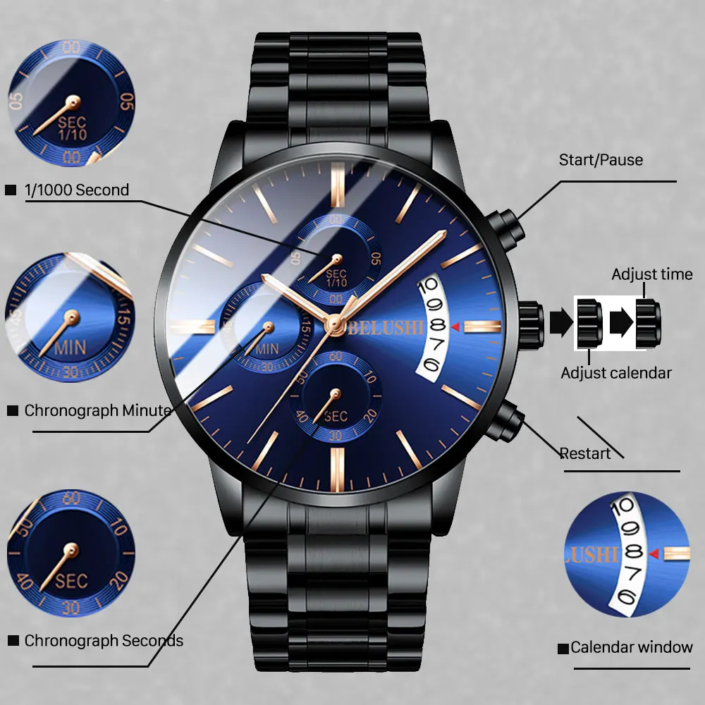 Belushi Relogio Masculino часы мужские часы водонепроницаемые Erkek Kol Saati Мужские кварцевые часы с хронографом стальные часы Montre Homme