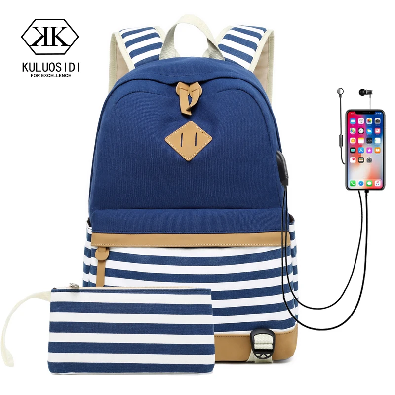 

2 pcs set Backpack with purse Canvas Striped Women Backpack School Bag for Teenage Girls Travel Laptop Backpack Women