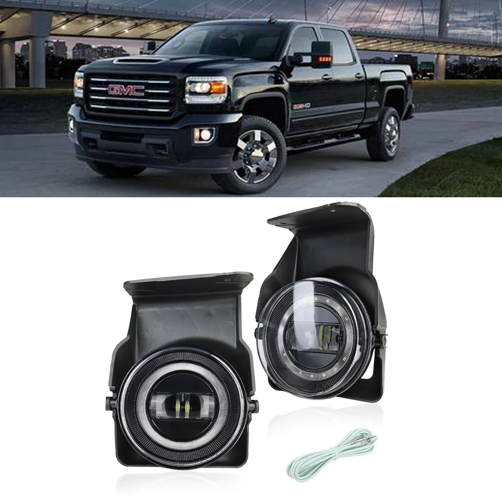 LED Fog Lights with Halo Angel Eyes DRL for 2003-2006 GMC Sierra 1500 2500 3500 Heavy Duty Pickup Bumper Driving Fog Lamps 
