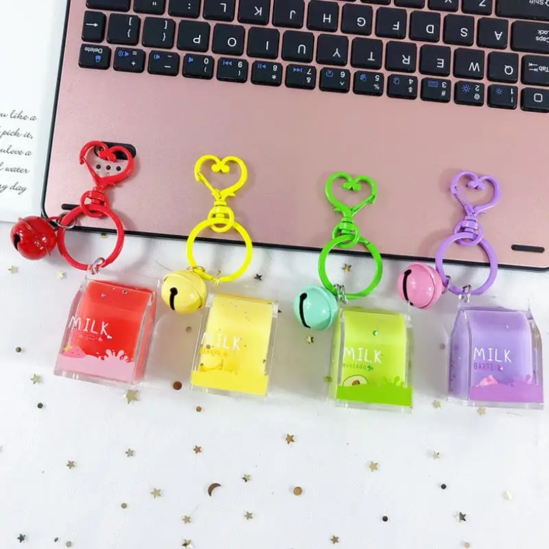 

1Pc Creative Fruit strawberry Avocado Banana Milk box style small bell keychain car bag Pendant Action Figures Toys gift
