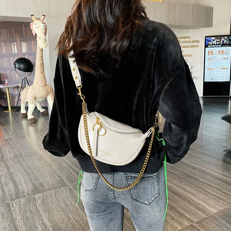 New Fashion Leather Fanny Pack Chain Fanny Pack Zipper Banana Bag Chest Bag Women High Capacity Anti-theft Shoulder Kidney Bag