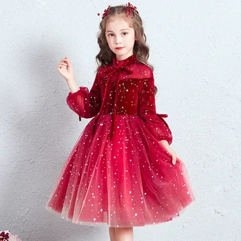 

Autumn And Winter Children'S Dress Flower Girl Princess Gown Girl Fluffy Yarn Little Girl Host Piano Performance Costume