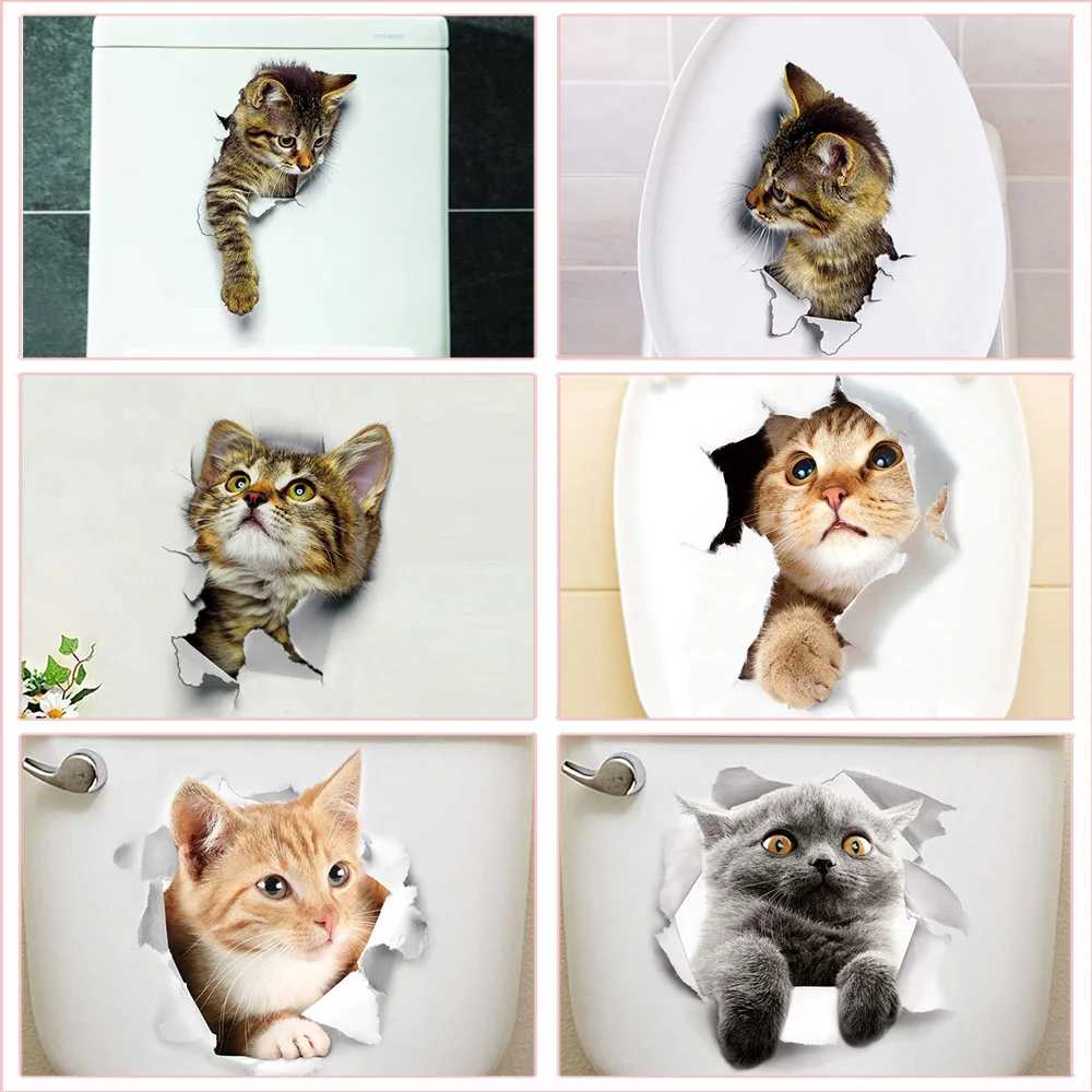 Autocollants de toilette à motif de chat drôle, décalcomanies murales d'animaux 3D, art mural en PVC vif, décoration de la maison bricolage, salle de lavage de WC