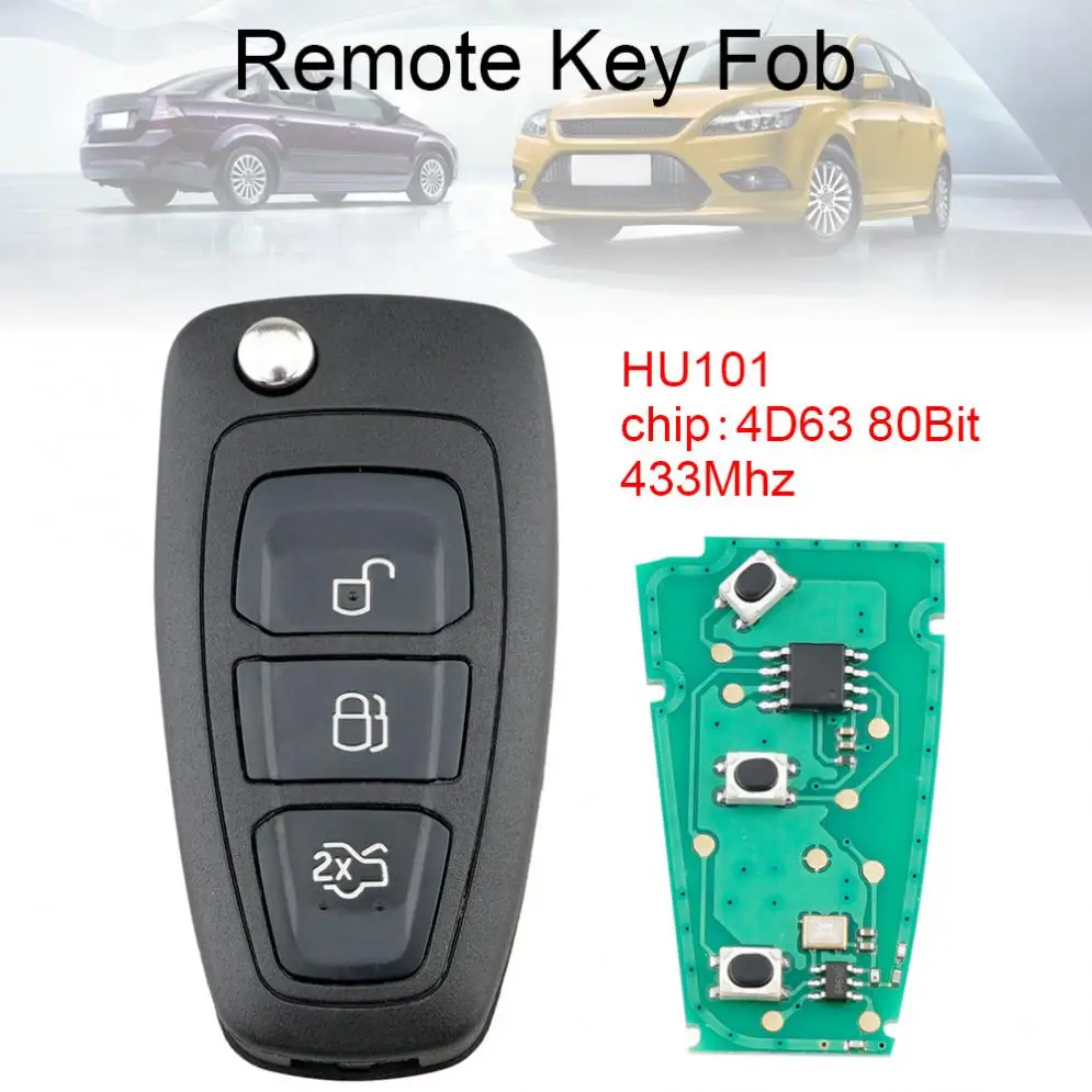 433 МГц 3 кнопки флип без ключа Fob с 4D63 80Bit чипом и лезвием HU101 подходит для Ford Focus