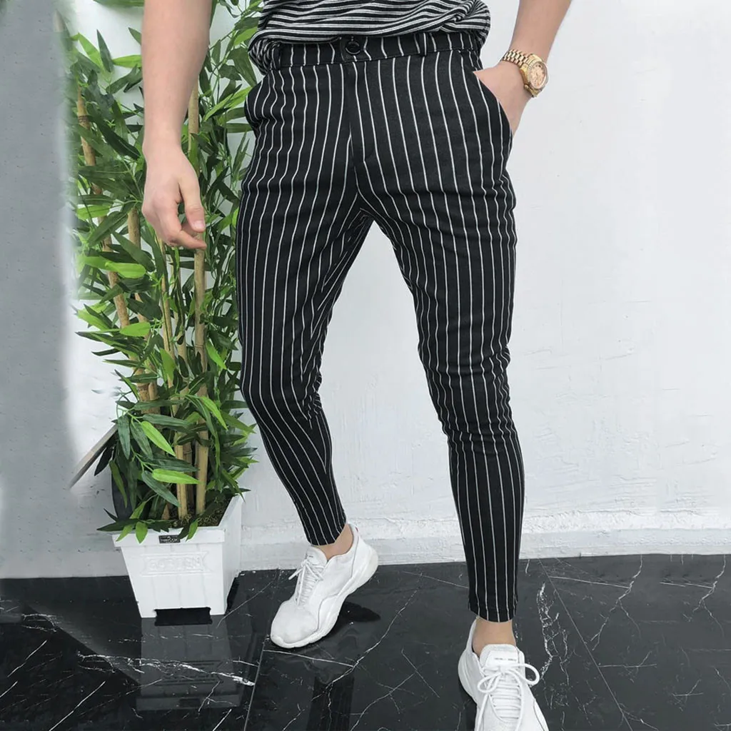 Slim Fit Брюки Для мужчин узкие деловой строгий костюм в полоску брюки уличная