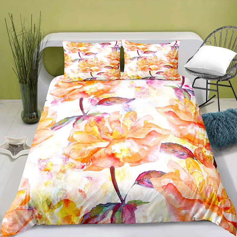 

Home Textiles Printed Watercolor Flowers Bedding Quilt Cover & Pillowcase 2/3PCS US/AE/UE Full Size Queen Bedding Set