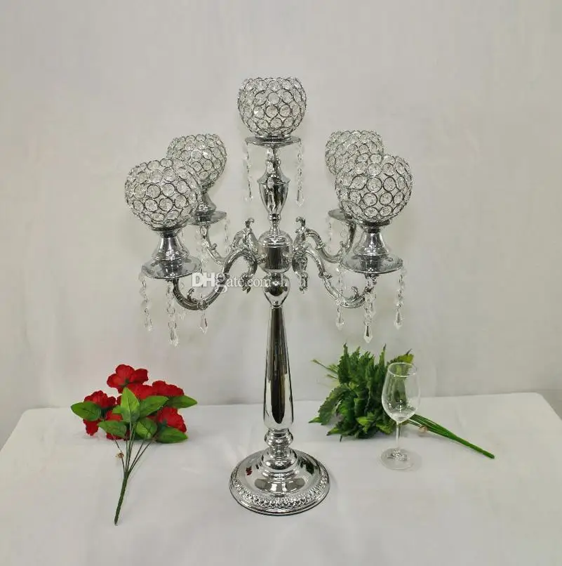 12pcs)New style Crystal Candelabras 5-Arms Candle Holders Pendants Wedding Centerpiece Candlestick Home Decoraion senyu831