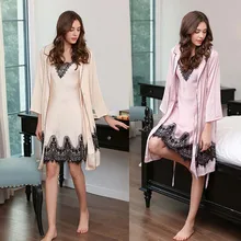 Большой размер, искусственный шелк, черный кружевной низ, набор из 2 предметов, женский ночной халат, сексуальная ночная рубашка с бюстгальтером, одежда для сна, лето-осень, ночное белье