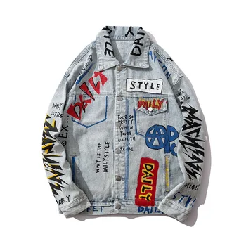 

Graffiti Letter Print High Street Mens Jeans Jacket Loose Causal Jaqueta Masculino Denim Jacket Chaqueta Hombre Bomber Jacket