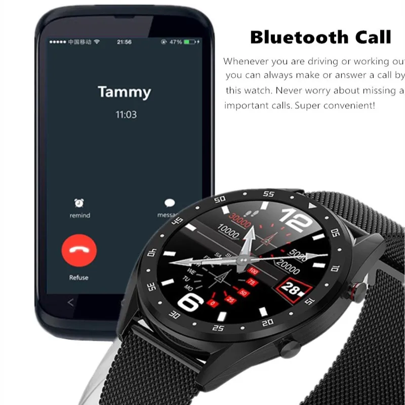 Genuine Leather Watch Man Business Sports IOS Andorid Compatible Round Smart Watch Compass with Answer Call Magnetic Charge