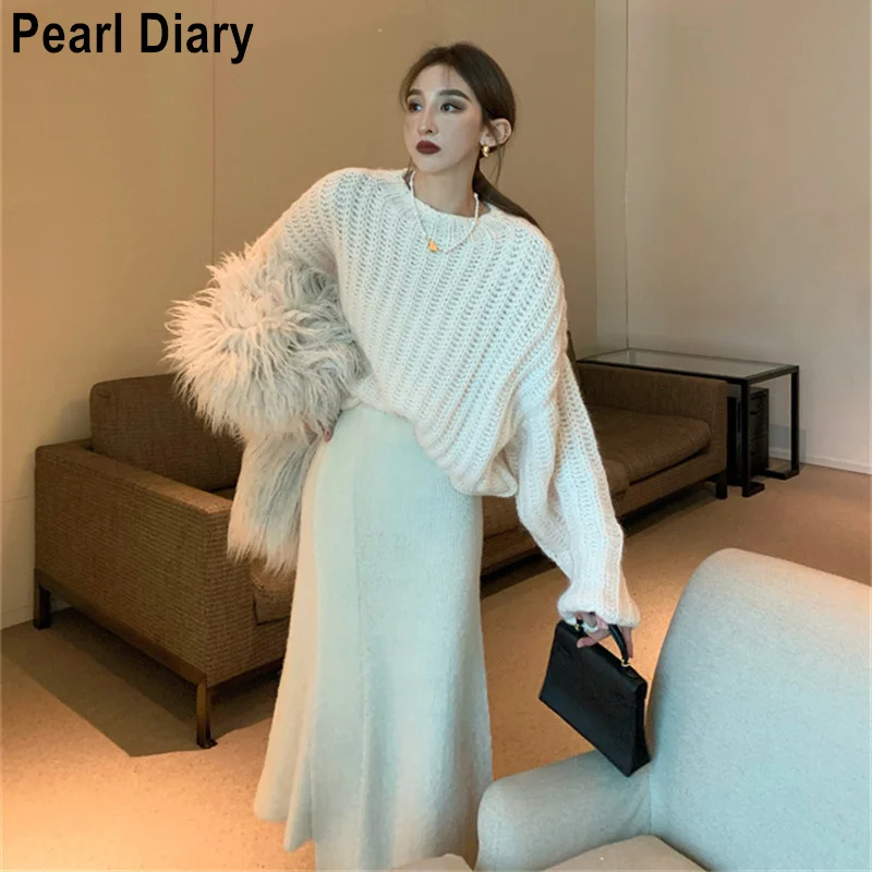 Korean Fashion Two Piece Set Women Vintage Loose Pullover Knitted Sweater Tops + Long Skirt Suits Ensemble Femme 2 Pieces |