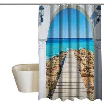 

Coastal Geometric Shower Curtain View from an Open Window Curve on The Sea with a Quay Wooden Coastline for Kids Bathroom Guest