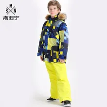 Детский лыжный костюм с меховым капюшоном; лыжная куртка для мальчиков; брюки; одежда для сноуборда; брюки; зимнее супер теплое пальто; ветрозащитная Водонепроницаемая спортивная одежда