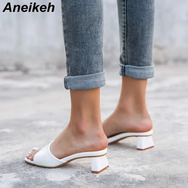 

Aneikeh Sexy MULES Middle heel Slippers Women Square Open Toe Strange High Heel Beach Slides Summer Mules Dress Pumps Size 41 42