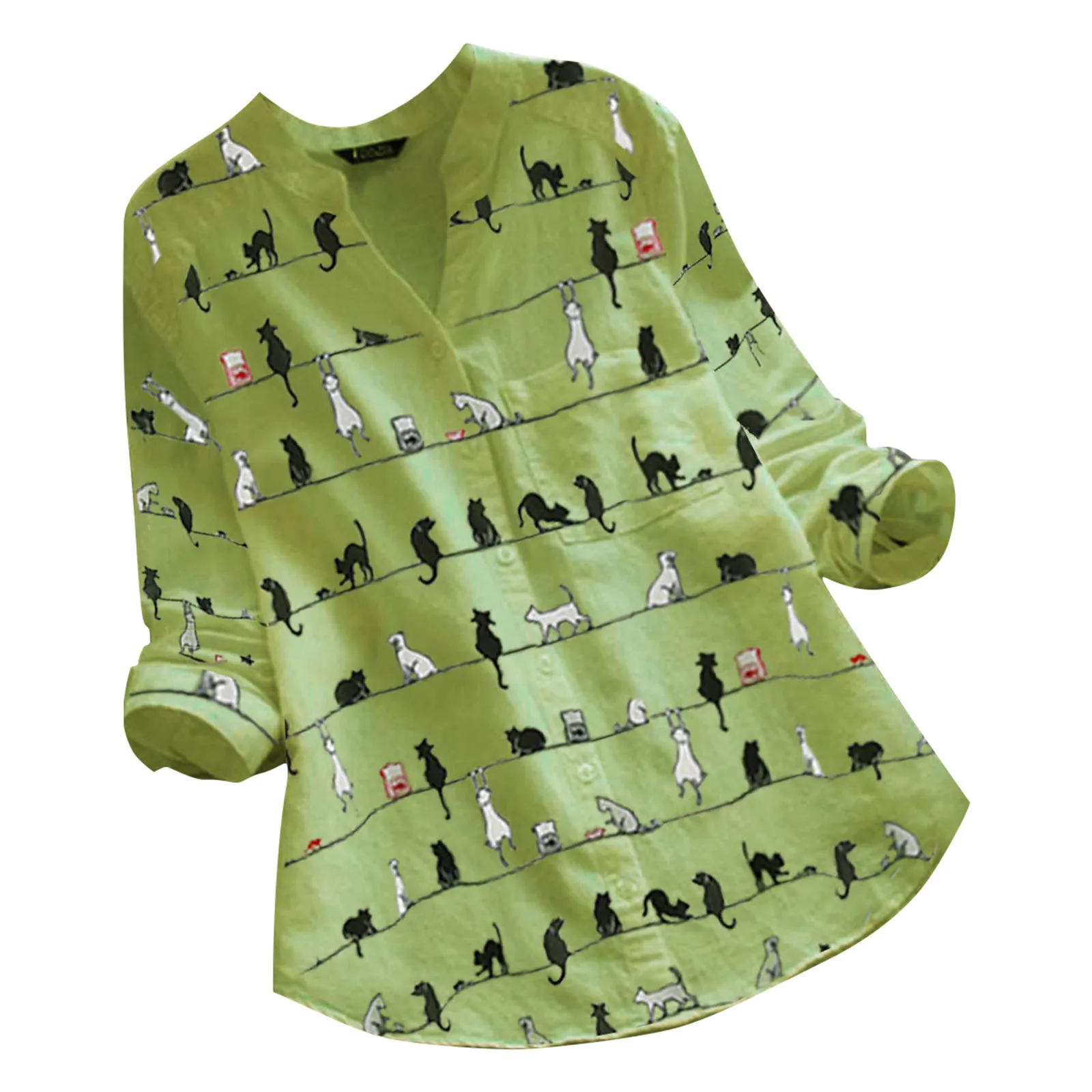 V-Neck Button Loose Shirt Top Blouse Women Casual Cat Print Long Sleeve woman long shirt dress рубашка женская 2