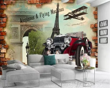 

3d Home Wallpaper Customized HD Renderings of the Iron Tower Next to The Brick Wall and The Cool Car Silk Wallpaper