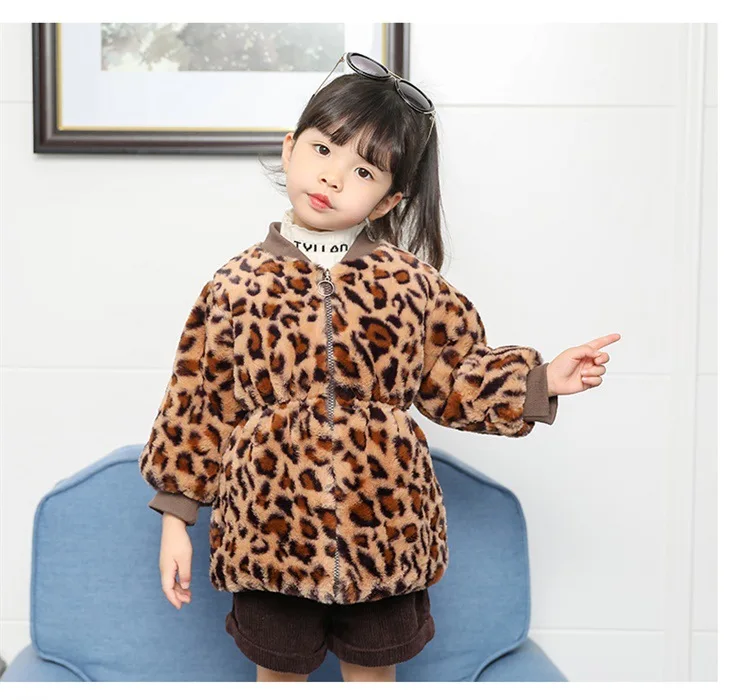 Winter Fashion Leopard Baby Girl Fur Coat Long Jacket Parka Children Faux Fur Coats Cotton Kids Outfit Windbreaker Warm
