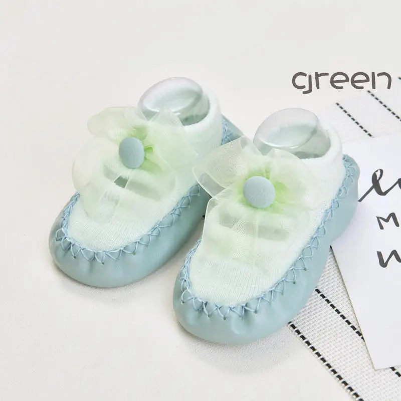 BalleenShiny/Новинка года; носки для новорожденных с бантиком; Нескользящие Детские носки-тапочки; нескользящие носки с мягкой подошвой - Цвет: Зеленый