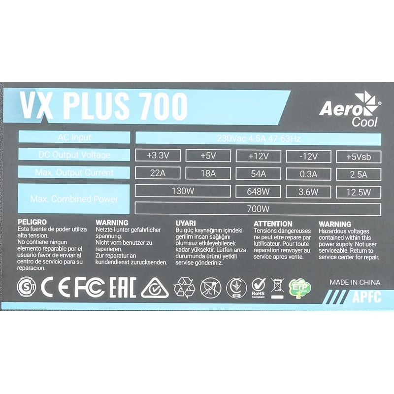 Блок питания Aerocool ATX 700W VX PLUS 700W(24+4+4pin) APFC 120mm fan 4xSATA RTL