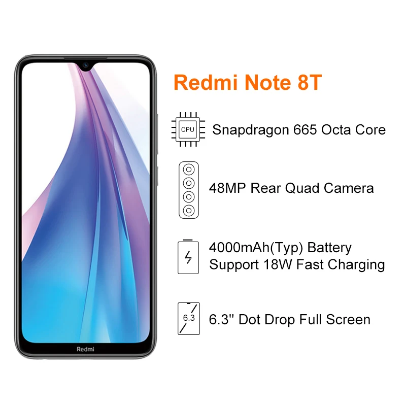 Xiaomi Redmi Note 8 T, глобальная версия, 4 Гб ОЗУ, 64 Гб ПЗУ, NFC, мобильный телефон, 48мп, четырехъядерный процессор Snapdragon 665, четыре ядра, 4000 мА/ч