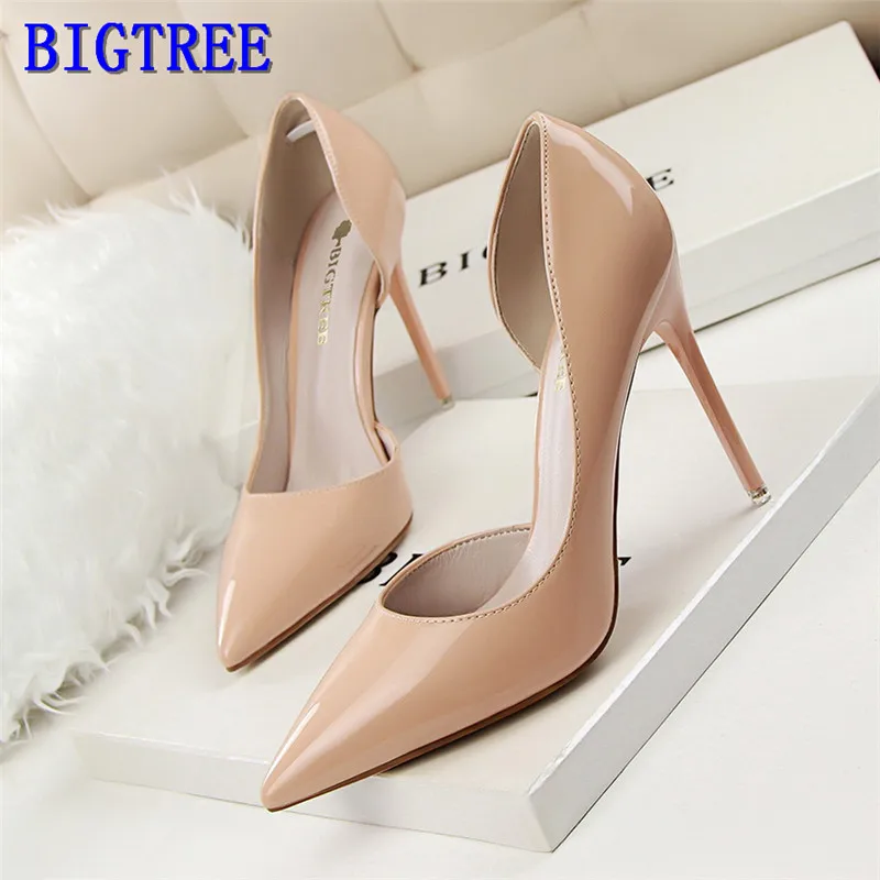 

Free Shipping 2019 Concise Solid Patent Leather Shallow Women Pumps Sexy Cut-outs Pointed Toe High Heels 10cm Shoes